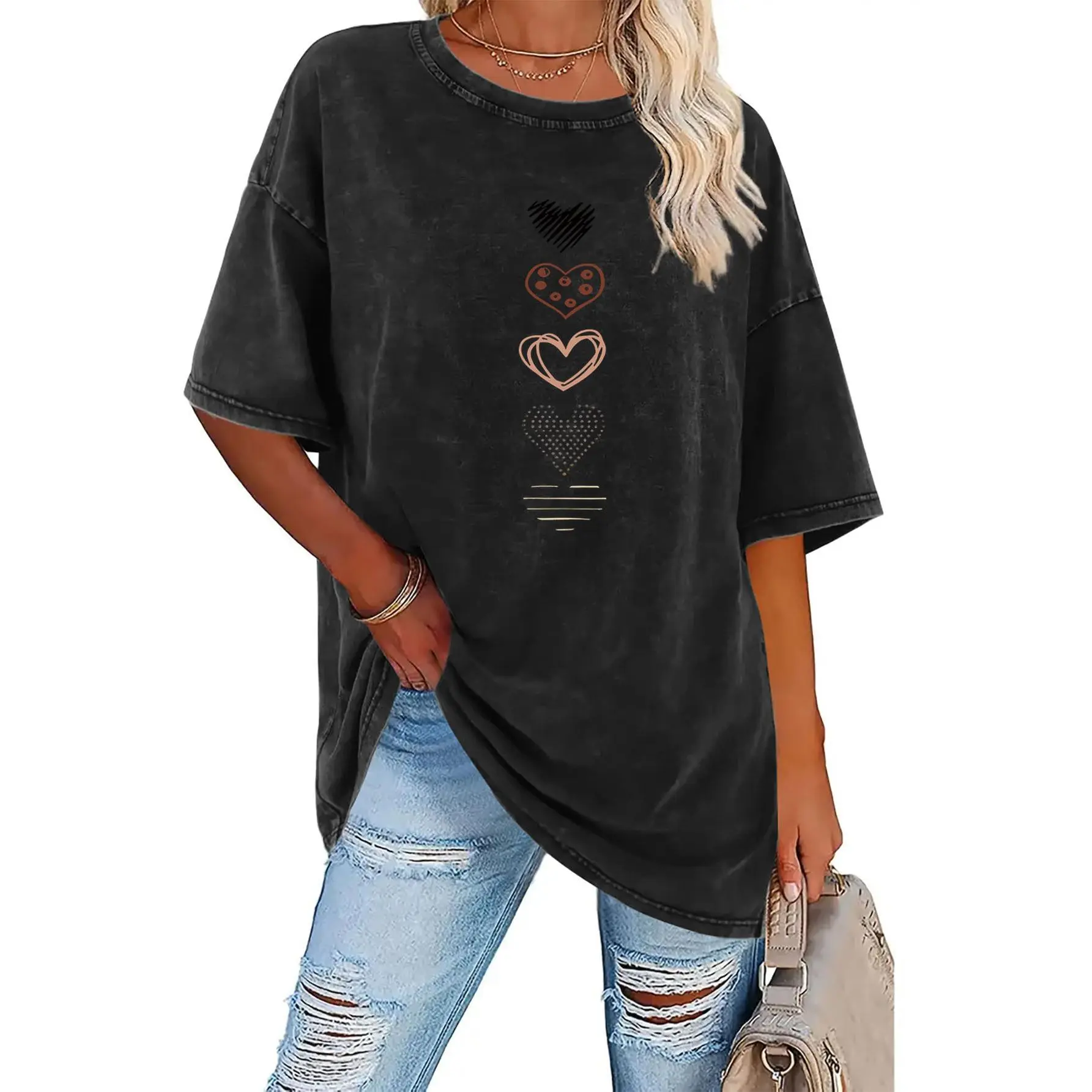 Five Hearts pattern, summer Women's fashion washed Cotton retro high-quality 230g thick Cotton T-shirt, street retro style round neck short-sleeved T-shirt