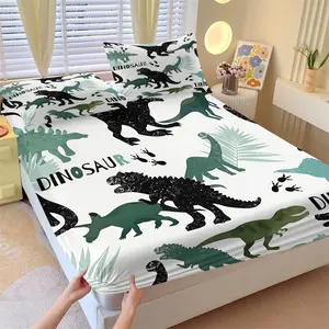 Cartoon Dinosaur Fitted Sheet Set, Kids Green Black Dinosaur Silhouette Print, Soft Skin-Friendly & Breathable Microfiber Bedding, Deep Pocket, Wrinkle & Fade Resistant, All Season Use, Ideal for Boys Bedroom & Kids Dorm Decor