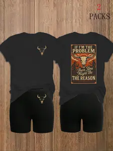 Women's 2-Pack Western Bull Print Short Sleeve T-Shirt & Camo Shorts Set, Soft Casual Fabric, Daily Streetwear Loungewear, Black Beige Pink White Purple Red Multi-Color Options