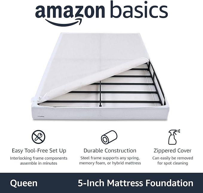 Amazon Basics Smart Box Spring Bed Base, 5 Inch Mattress Foundation, Tool-Free Easy Assembly, Queen, White