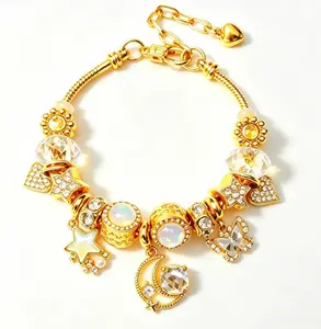 Gold Star Moon Butterfly Charm Bracelet, Clear Crystal Rhinestone Beaded Snake Chain Bracelet, Adjustable 9.06 Inches Jewelry Gift for Women Girls