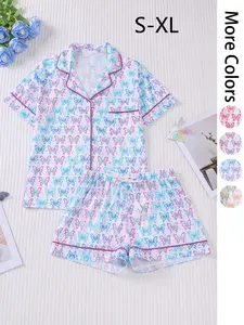 Women's Butterfly Print Lapel Collar Pajama Set, Comfortable Short Sleeve Top & Shorts PJ Set, Casual Comfy Pyjama Set for Women, Casual Sleepwear Set, Loungewear