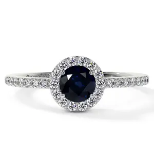Classic Round Blue Sapphire Halo Ring with Prong Set Diamonds (0.93cttw)- RBS001-5X5-A