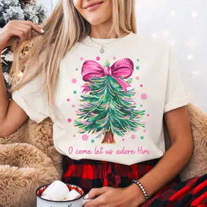 Pink Bow Tree Comfort Colors Tee, Christian Christmas Shirt, Holiday Graphic Top, O Come Let Us Adore Him, Women's Faith Shirt, Trendy