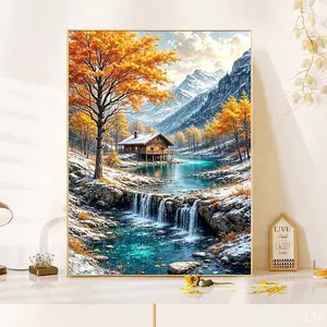 1 Pc 5D Autumn Winter Snow Mountain Lake Cabin Diamond Painting Full Round Drill 30x40cm Landscape Wall Art DIY Home Decor