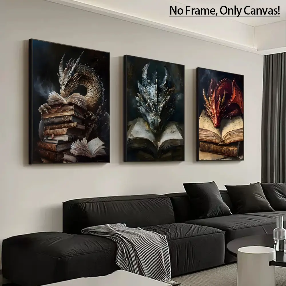 3-Piece Unframed High-Quality Print Art Set, Modern Mythical Creature Fantasy Book Dragon Wall Poster Decor, Wall Picture Decor, Perfect Gift for Home Office, Creative Modern Decoration, Decoration Items