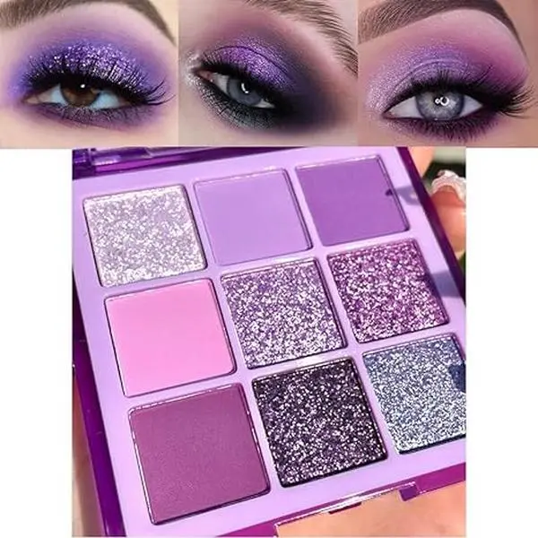 9 Colors Purple Glitter Eyeshadow Palette, Lavender Violet Purple Pink Glitter Metallic Shimmer Sparkly Eye Shadow Palette Makeup for Older Women Blue Eyes, Waterproof Highly Pigmented Eyeshadow