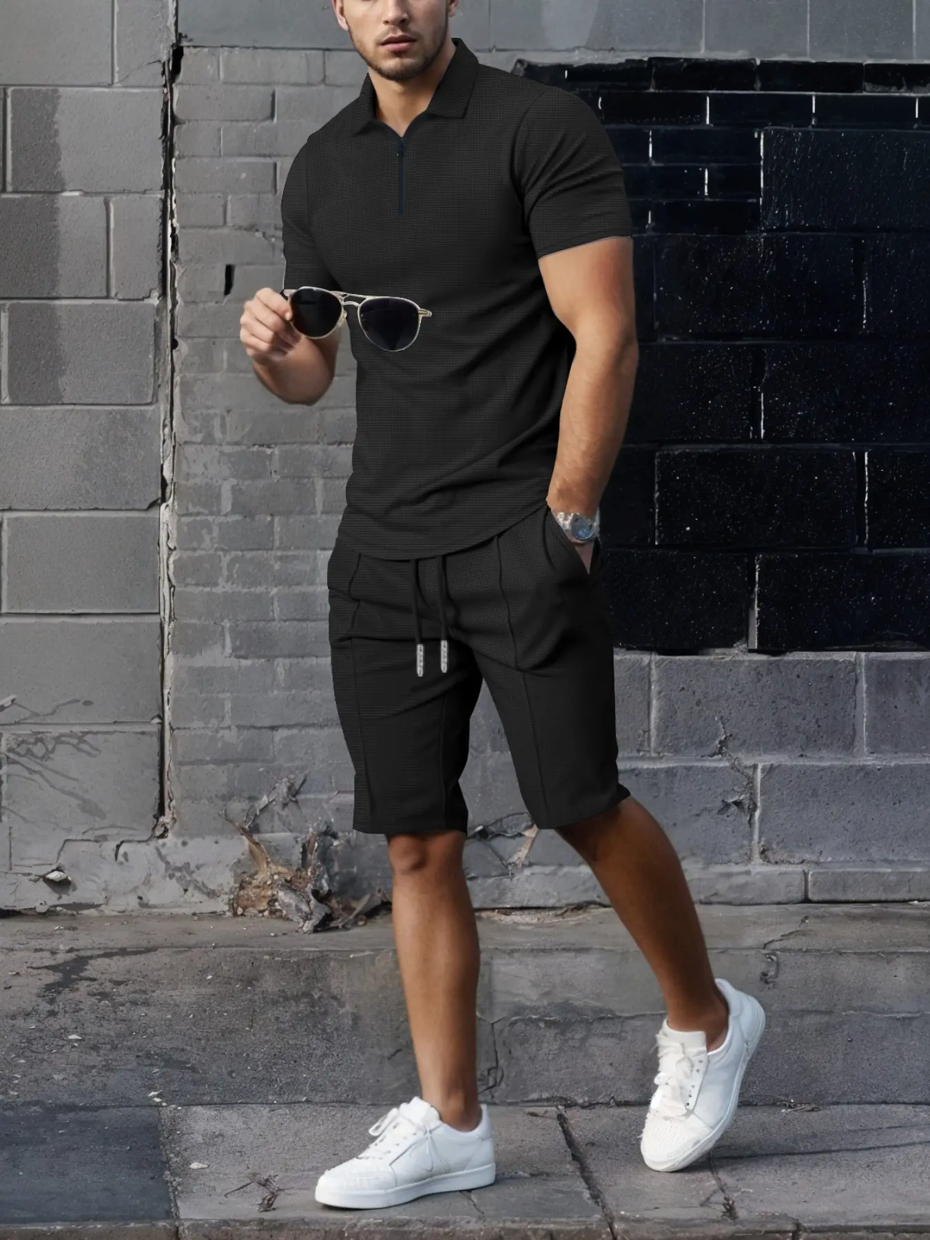 Men's Luxury Summer Polo Shirt Set, Casual Two-Piece Outfit, Textured Knit Quarter-Zip Polo and Shorts, Fashion Golf Wear