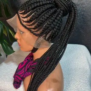 Braided Wig - Black Braided Wig with Pink and Purple Scarf