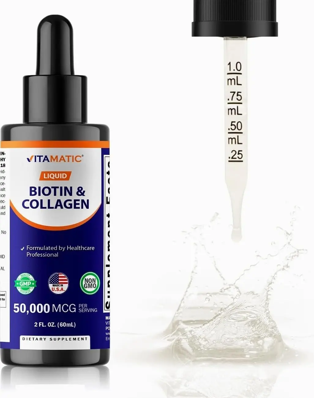 Vitamatic Liquid Biotin & Collagen Drops – 50,000 mcg – 2 fl oz Supports Healthy Hair Growth, Glowing Skin & Strong Nails – for Women and Men