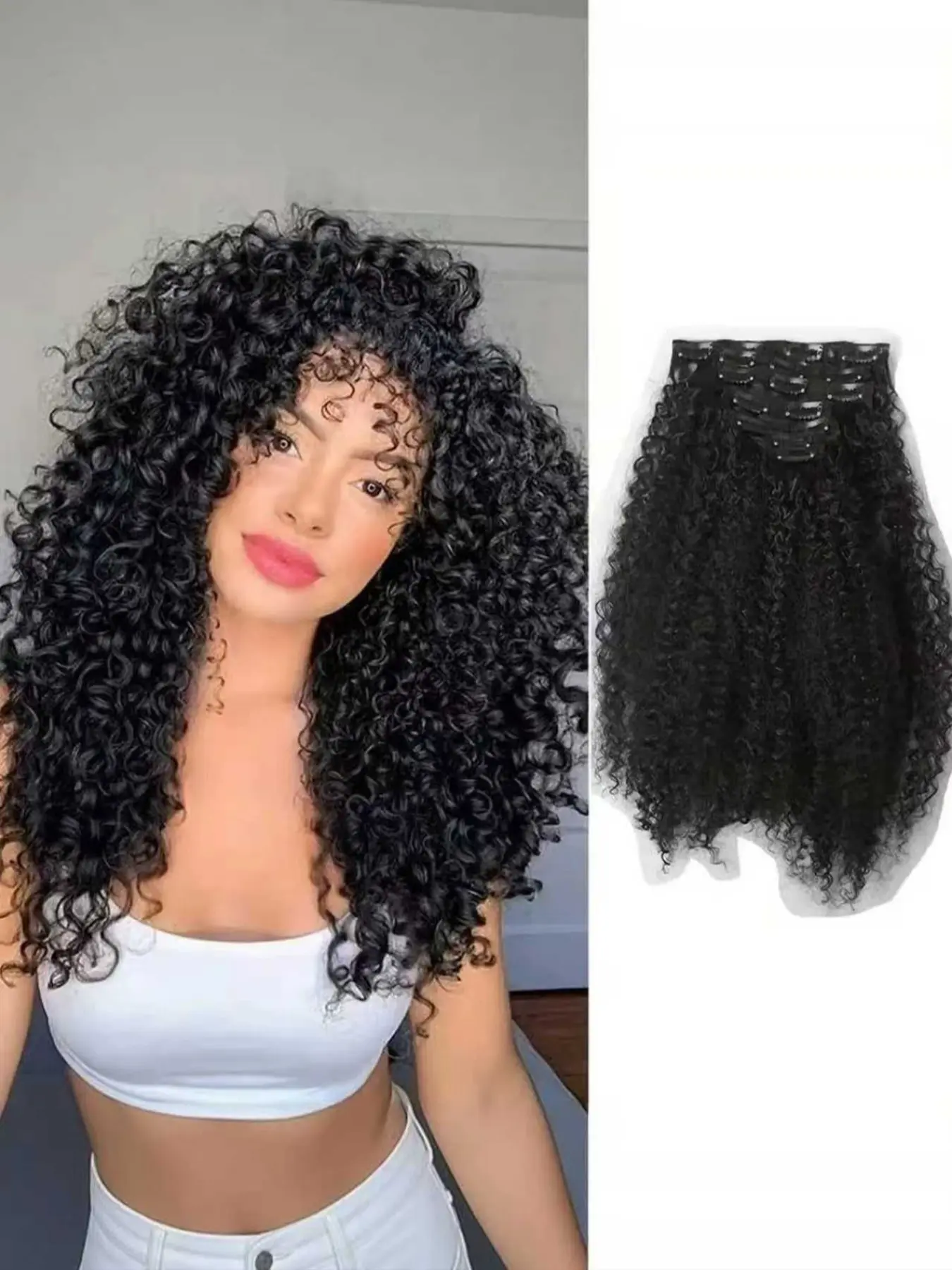 20 Inch Kinky Curly Clip-In Hair Extensions, 140g Dual Braided Wavy Heat Friendly Synthetic Hair, High Temperature Fiber, Suitable for Women, Curly Clip Ins, Synthetic Hairpieces