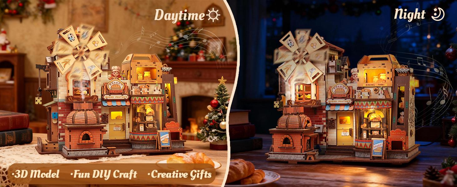CUTEBEE 3D Wooden Puzzle Bread Factory - 576pcs Mechanical Building Kit with Lights & Music, Retro Bookshelf Insert Booknook, Aesthetic Room Decor & Craft Gift