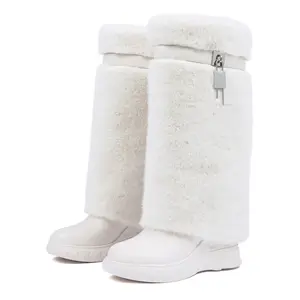 Platform Knee High Faux Fur Boots for Women Round Toe Wedge Heel Pull On Padlock Comfortable Fluffy Furry Warm Snow Boots Fashion Winter Party Dress Trendy Boots