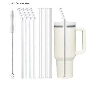 Reusable Clear Glass Straws Set For 40 Oz & 30 Oz Cups, Includes 2pcs Cleaning Brush, Extra-Long High Borosilicate Glass Straws, Heat Resistant Drinking Straws, 31cm/12.2inch