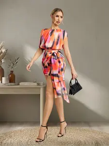QFAF Women's Casual Slim-Fit, Fitted Tie dye printed skirts Set, Round Neck Sleeveless Ruched Tie Dye Top & stacked streamer side midi Skirt Two-Piece for women, back to shool sets, Going Out Sets, boho beach holiday ruched skirts set Outfit