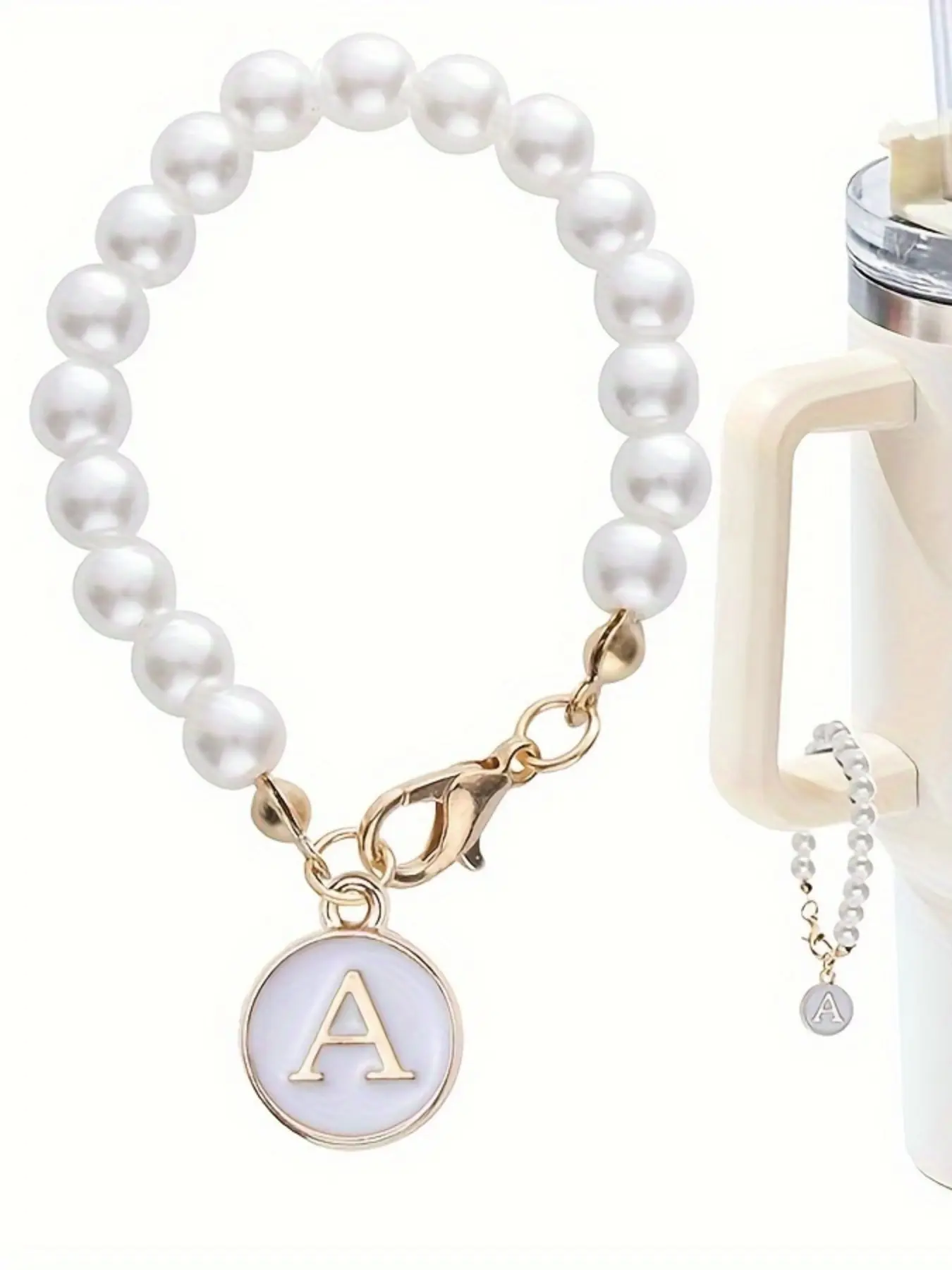[Letter Charm Keychain] Pearl Chain Accessories, Letter Charm for Cup | Initial Charms for Handle, Water Bottle, Tumbler, Name ID Decorations, Keychain for Bags, Keychain for Purse