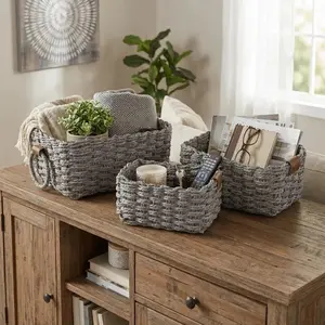 3PCS Handmade Paper Rope Storage Basket Eco-friendly Simple Cosmetics Storage Basket with Handle Decorative