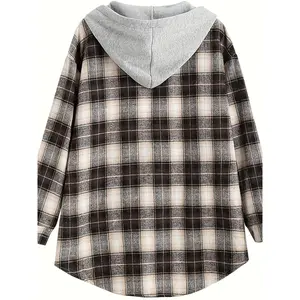 Mesh Pattern Fleece Hoodie with Drawstrings Jacket Casual Button Front Cardigan Warm Jacket Women's Clothing