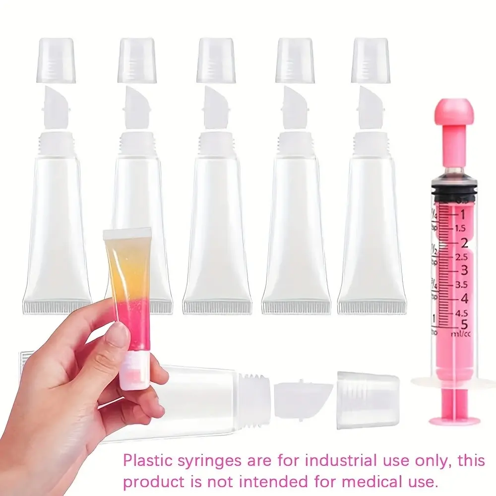Lipstick Refillable Tube Set with Transfer Syringe, 8ML Transparent Clear Lip Gloss Container, Portable Plastic Travel Bottle, Mini Makeup Tube for DIY Stackable Containers