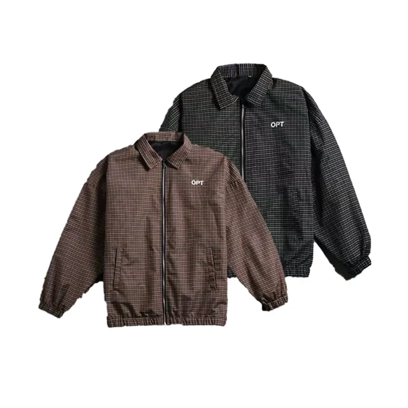 Men’s spring/summer casual plaid striped jacket with zippered pockets, loose fit, unlined—ideal for everyday wear.