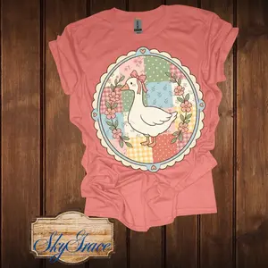 Sky Grace Women's Coral T-Shirt with Adorable Duck Design and Floral Patchwork Pattern for Casual Wear