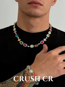 CRUSH CR Colorful Crystal Cross Necklace & Bracelet Set for Men & Women, Multicolor Gemstone Jewelry, Tarnish Resistant, Perfect for Everyday Wear, Parties, Streetwear and Casual Styling