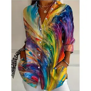 [Vibrant Tie-Dye Shirt] Vibrant Multicolor Women's Retro Tie-Dye Print Long Sleeve Button-Up Shirt |   Classic Collar, Machine Washable, Lightweight Top for Spring/Summer Casual Wear