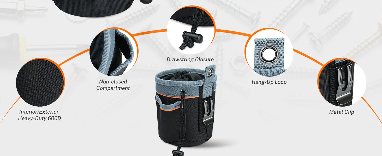MELOTOUGH Drawstring Tool Pouch - 2 Sizes | Clip-On Nail, Screw & Bolt Bag | Mini 6″ & Deep 8.75″ for Levels/Tools | Hanging Pouch for Carpenter, Electrician, Contractor