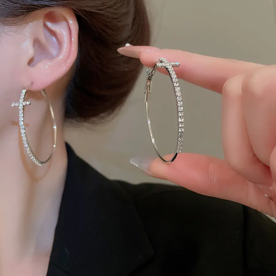 1 Pair Full Rhinestone Big Hoop Earrings Colorful Red Women Elegant Circle Ear Jewelry Party Gift