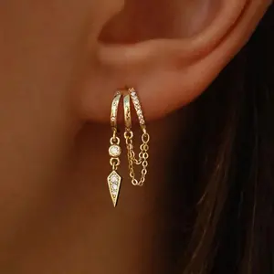 Dangle Earrings for Women, 14k Gold Plated Triple Huggie Stud Earrings Chain Earring Dainty Drop Earrings for Women Trendy Jewelry