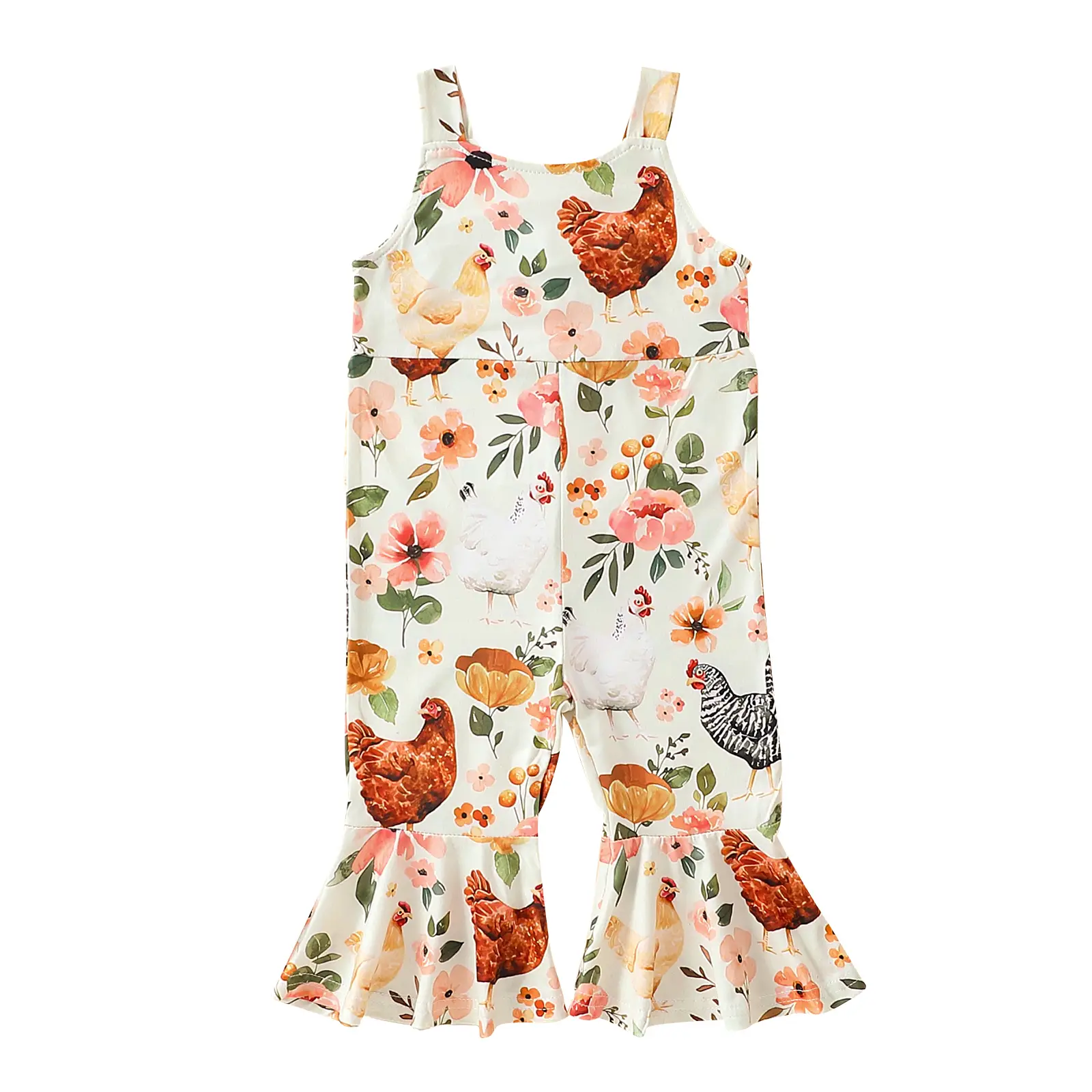 Kids Toddler Girl Farm Clothes Rooster Chicken Floral Print Romper Overalls Sleeveless Halter Jumpsuit Summer Outfit