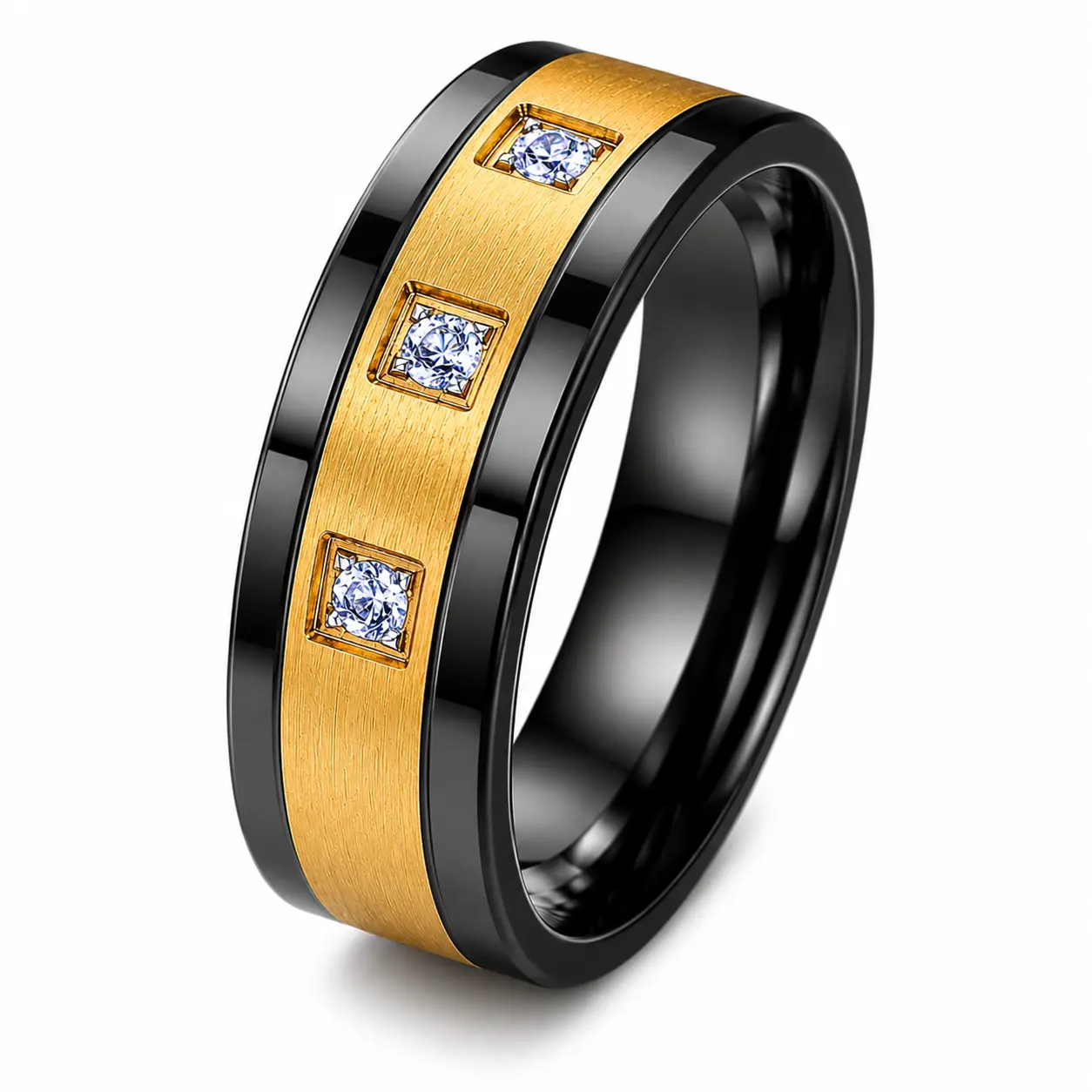 Men’s 8mm Black & Gold Tungsten Carbide Wedding Band – Brushed Center with 3 CZ Stones | Comfort Fit Ring