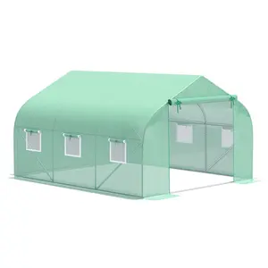 12' x 10' x 7' Outdoor Walk-in Greenhouse, Tunnel Green House with Roll-up Windows, Zippered Door, PE Cover, Heavy Duty Steel Frame, Green
