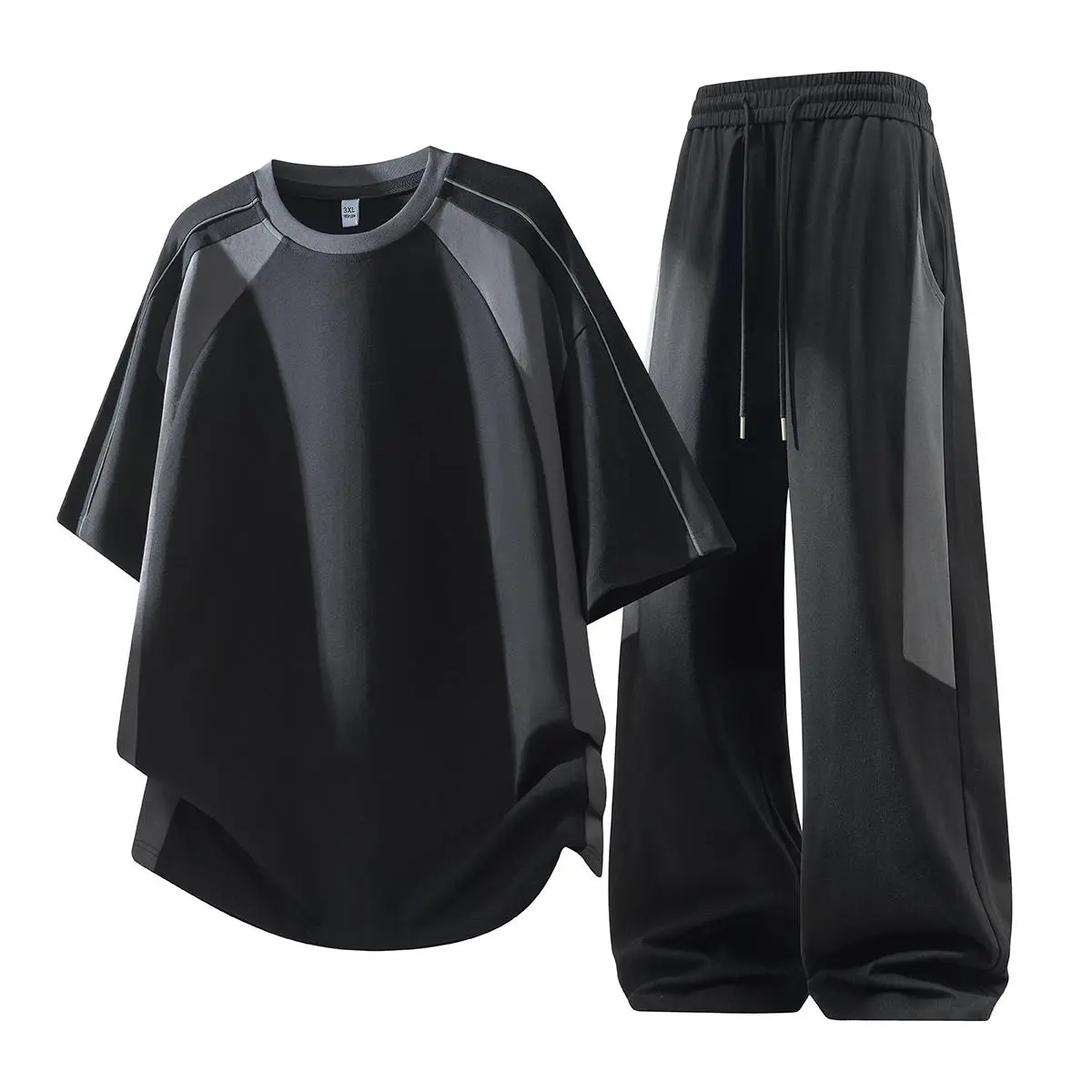 Men's 2-Piece Color-Block Tracksuits - Crew Neck Tee, Elastic Waist Wide Leg Pants Set, Nylon Blend Breathable Casual Streetwear for Workout, Lounging, Gym Clothes Set, Matching Workout Set