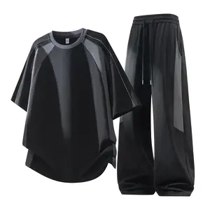 Men's 2-Piece Color-Block Tracksuits - Crew Neck Tee, Elastic Waist Wide Leg Pants Set, Nylon Blend Breathable Casual Streetwear for Workout, Lounging