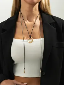 Bohemian Geometric Gold Pendant Long Wax Cord Necklace for Women, Adjustable Multi-Wear Statement Necklace, Minimalist Chic Fashion Jewelry for Party, Daily Wear, Vacation, Layering Outfit Gift, Layering Necklaces