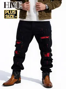 Men’s plus-size red ripped jeans, cotton men’s fashion streetwear, stylish plus-size cotton denim long pants