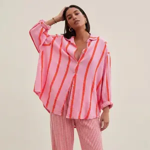 2026 European and American autumn and winter new long-sleeved button-up cardigan women's striped shirt women's vintage striped