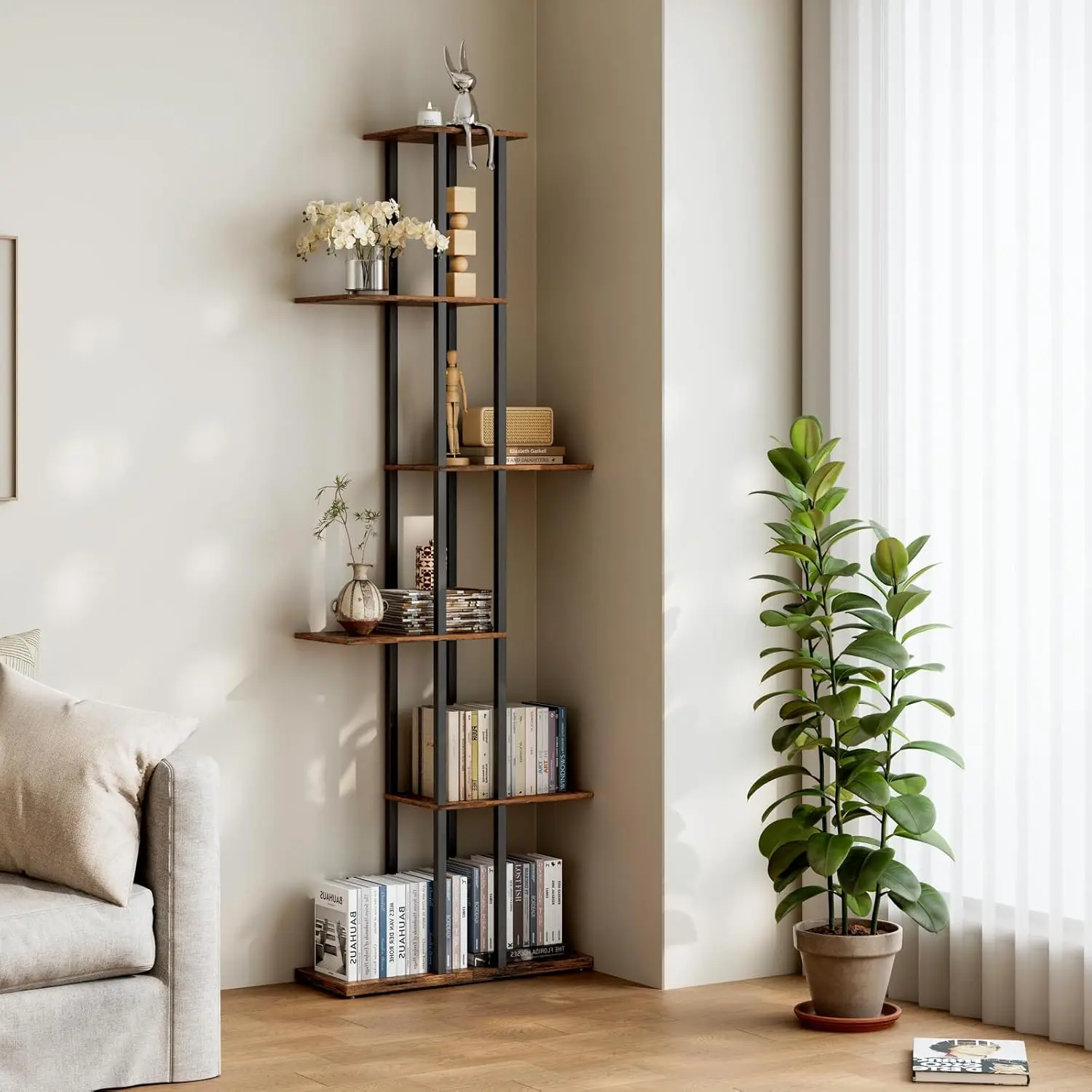BookshelfSmall Bookcase for Small Space6-Tier Bookshelf for Living Room,  Office, Study9.45 x 20.8 x 62.2 Inches,Rustic Borwn
