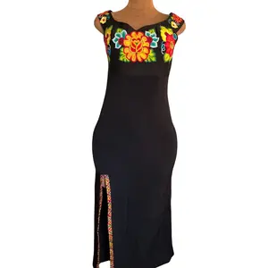 Ladies Black Elegant Oaxaca Dress with Colorful Floral Embroidery and Side Slit for Special Occasions Embroideredy WILL VARY