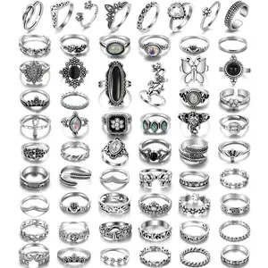 Vintage Silver Knuckle Rings Set for Women Men, Chunky Rings Aesthetic Snake Grunge Stackable Gothic Ring Adjustable Y2K Punk Bulky Boho Finger Alt of Rings, Stacking Fairy Skull Frog Heart Star Flower Midi Ring Pack