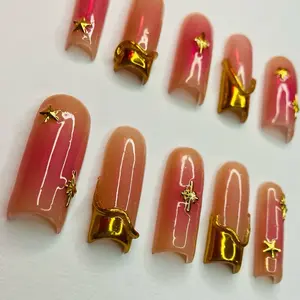Pink and Gold, 3D design, gold charms 10pcs Press On Nail Set