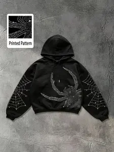 Men's Loose Hooded Sweatshirt, Graphic Spider Web Print, Y2K Street Style Streetwear, Casual Fitted Top, Halloween Fashion, Fall&winter Wear, Graphic Hoodies