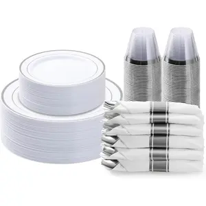 175 count  Plastic Dinnerware Set, Disposable Party Plates for 25 Guests, Include: 50 Plastic Plates, 25 Pre Rolled Napkins with  Silverware, 25 Cups for Christmas, Halloween