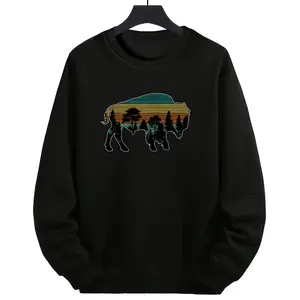 Vintage American Bison Buffalo Lover Long Sleeve Sweatshirt with Wildlife and Trees Design