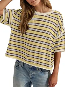 Women's Striped T-Shirt, Loose-Fit Knitted Top, Fashion Colorblock Design, Round Neck, Breathable and Comfortable, Casual Summer Medium-Length Tee