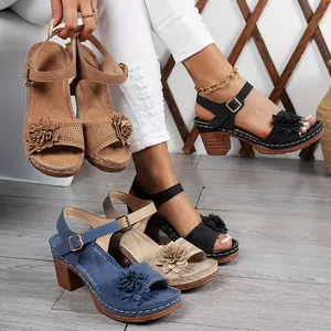 Womens Floral Wedge Sandals - Peep Toe, Ankle Strap Platform Shoes with 3-4 Inch Heel Brown, Blue & Black - Comfortable Summer Footwear for Casual or Outdoor Wear Girl Flatform