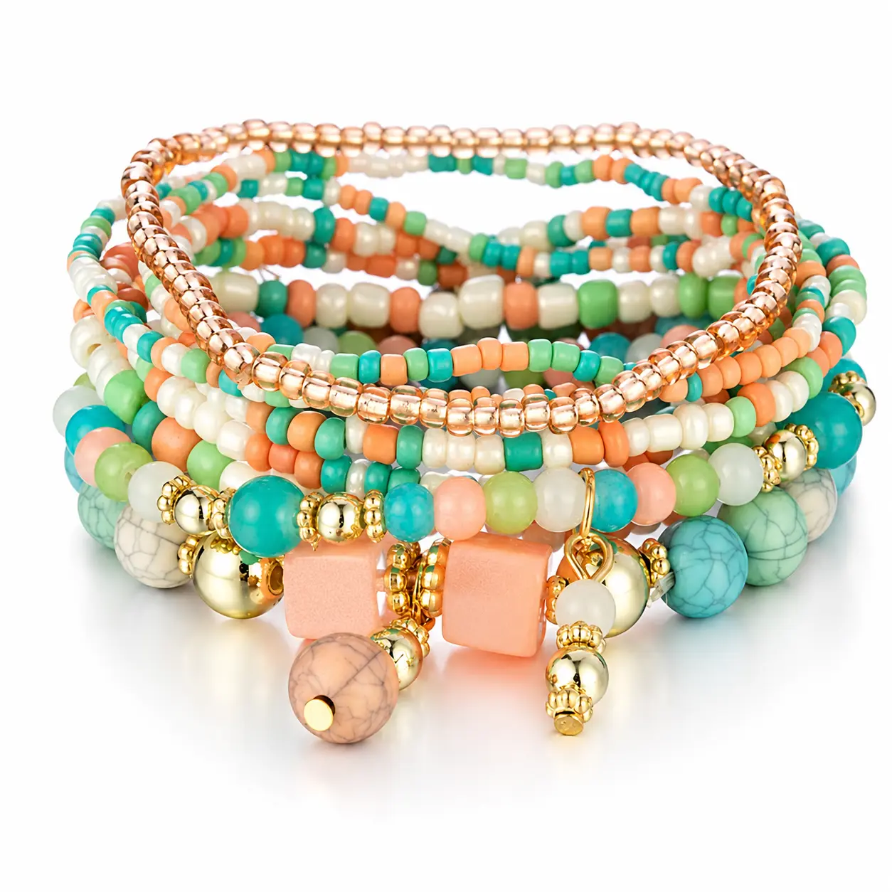 SL-A13-Pastel Multi-Layer Seed Bead Bracelet Stack, Peach & Teal Turquoise-Style Crackle Stones with Rose Gold-Tone Accents, Boho Vacation Stretch Wristband with Geometric Tassel Charm