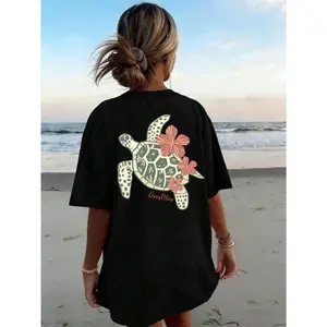Sea Turtle Hibiscus Graphic Tee Women Oversized Beach Vacation Shirt Casual Loose Fit Short Sleeve Soft Cotton Summer Coastal Trendy Top