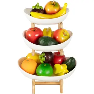 3 Tier Ceramic Fruit Bowl With Bamboo Wood Stand for Kitchen Counter,Porcelain Fruit Basket for Vegetable Storage,Snack Dessert Cake Tray Plate Rack Large Fruit Bowls for Party (Earth Color) Organiser Wooden White Brown